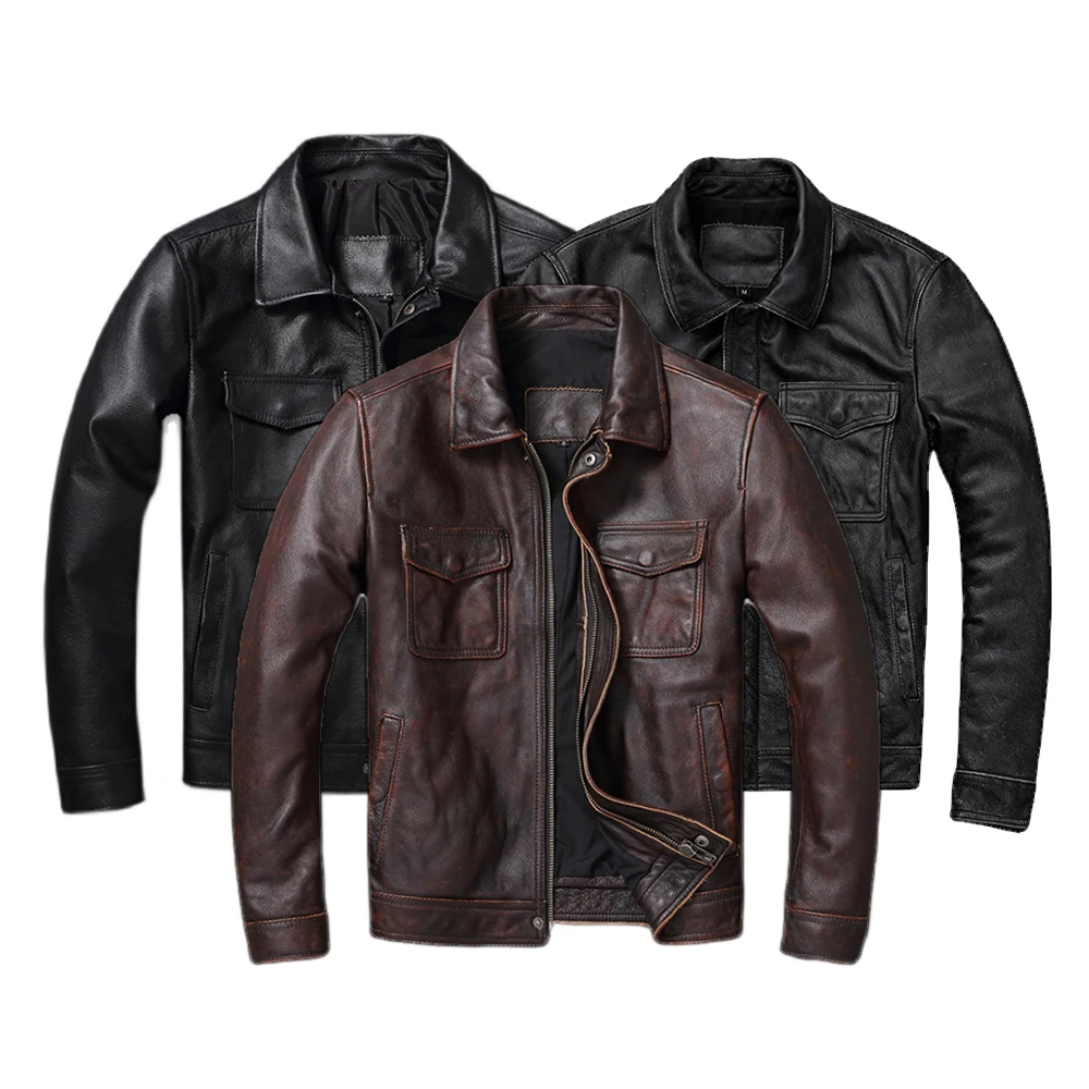 Men'S Fashion Leather Jacket - Vintage kahverengi kırmızı hakiki deri ceket